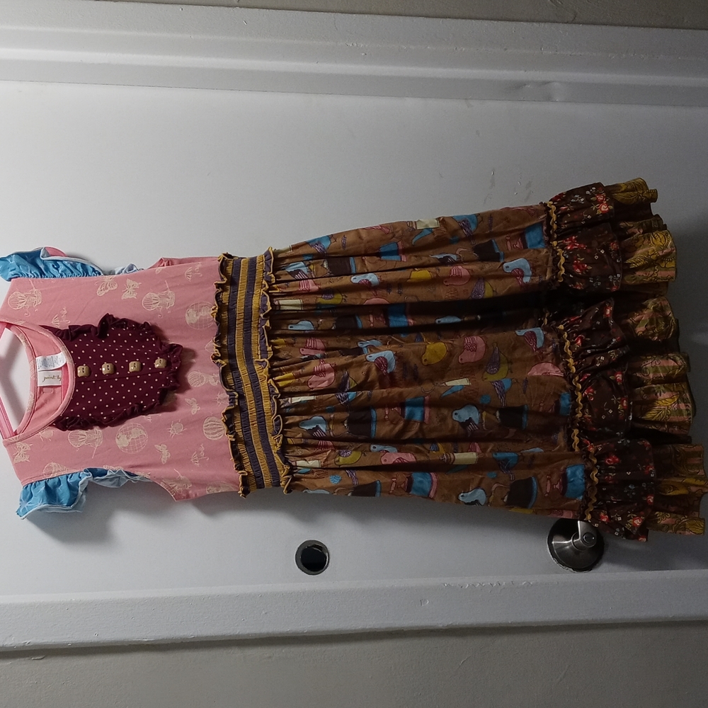 Girls Pink and Brown Ruffle Tiered Dress with Blue Accents